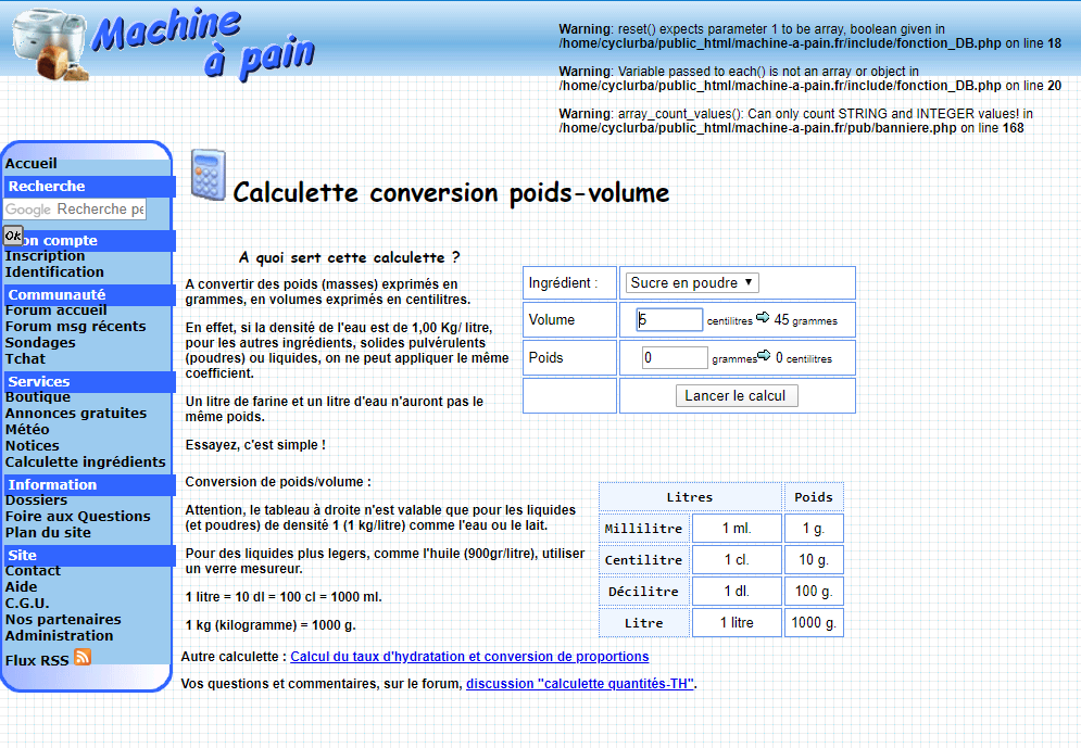 Calculateur conversion ingr&eacute;dients